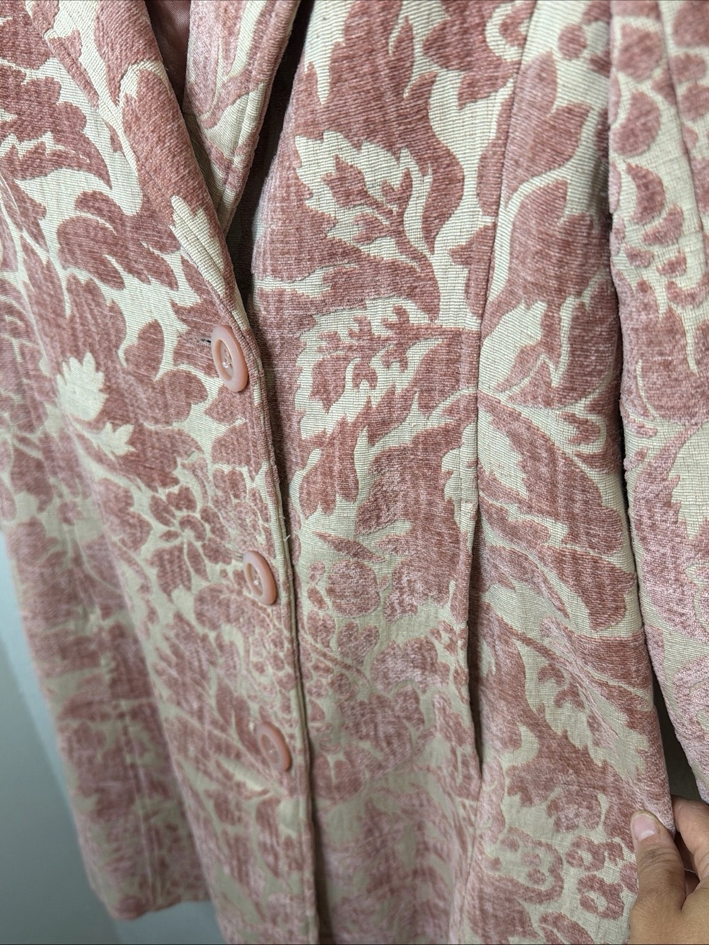 Y2K Arden B. blush pink floral brocade tapestry trench coat size medium - Picture 9 of 12
